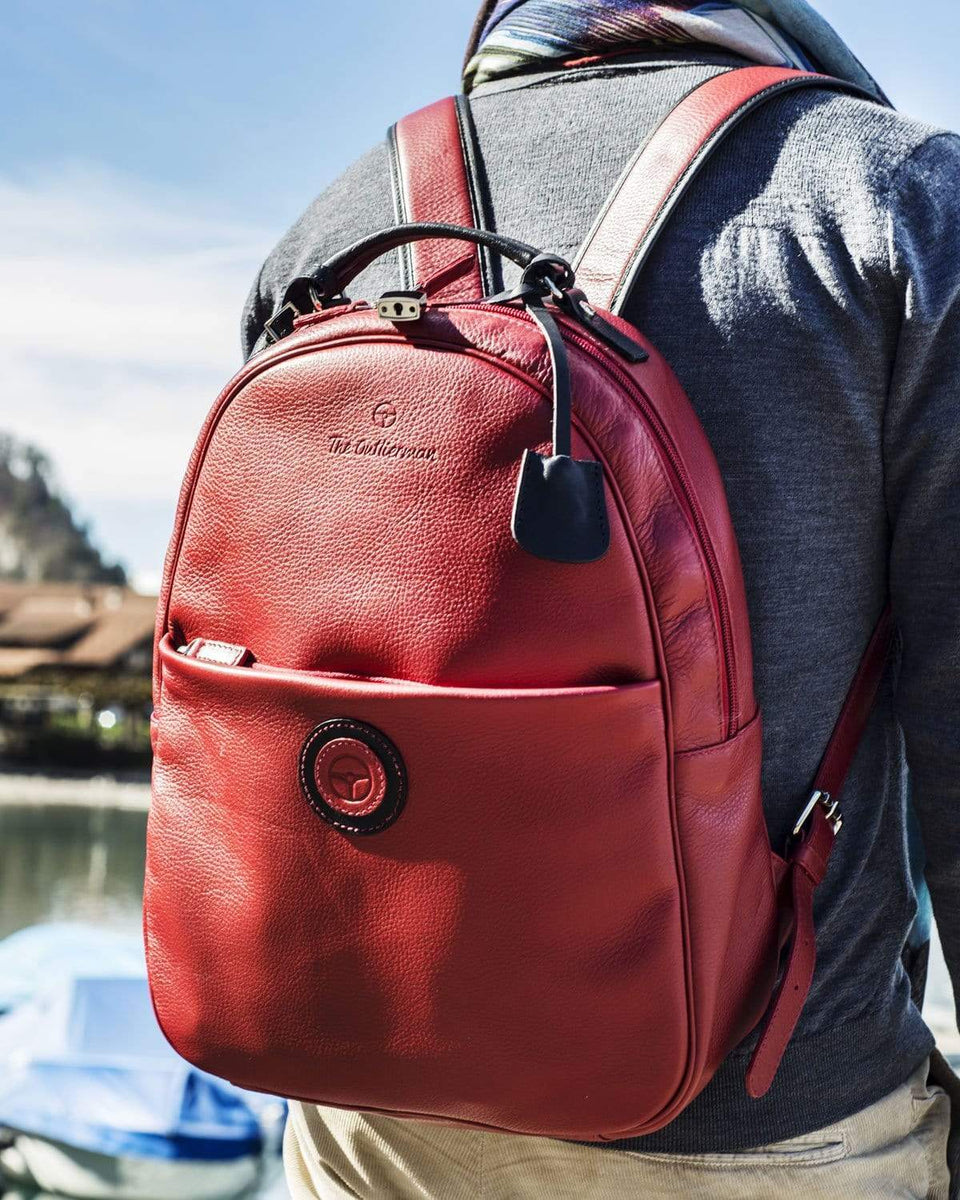 Globetrotter Full grain Leather Backpack Red Black THE OUTLIERMAN