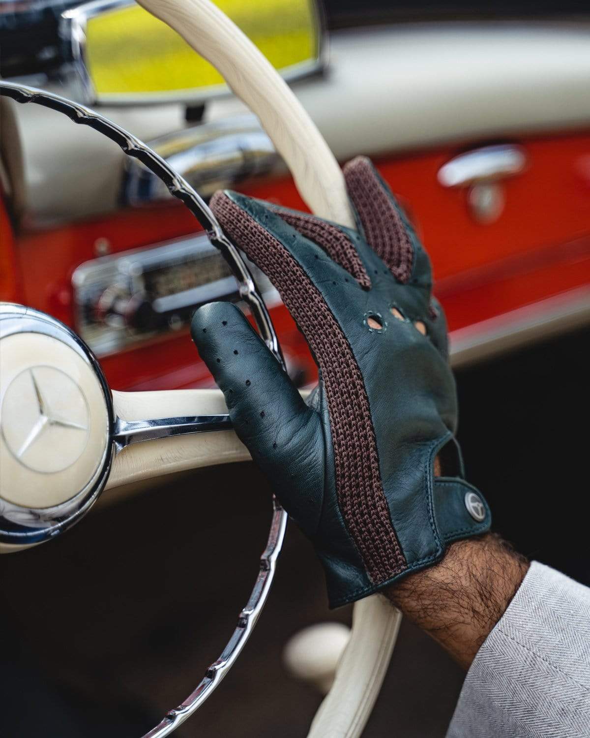 Men's Fingerless Leather Driving Gloves, British Racing Green / L