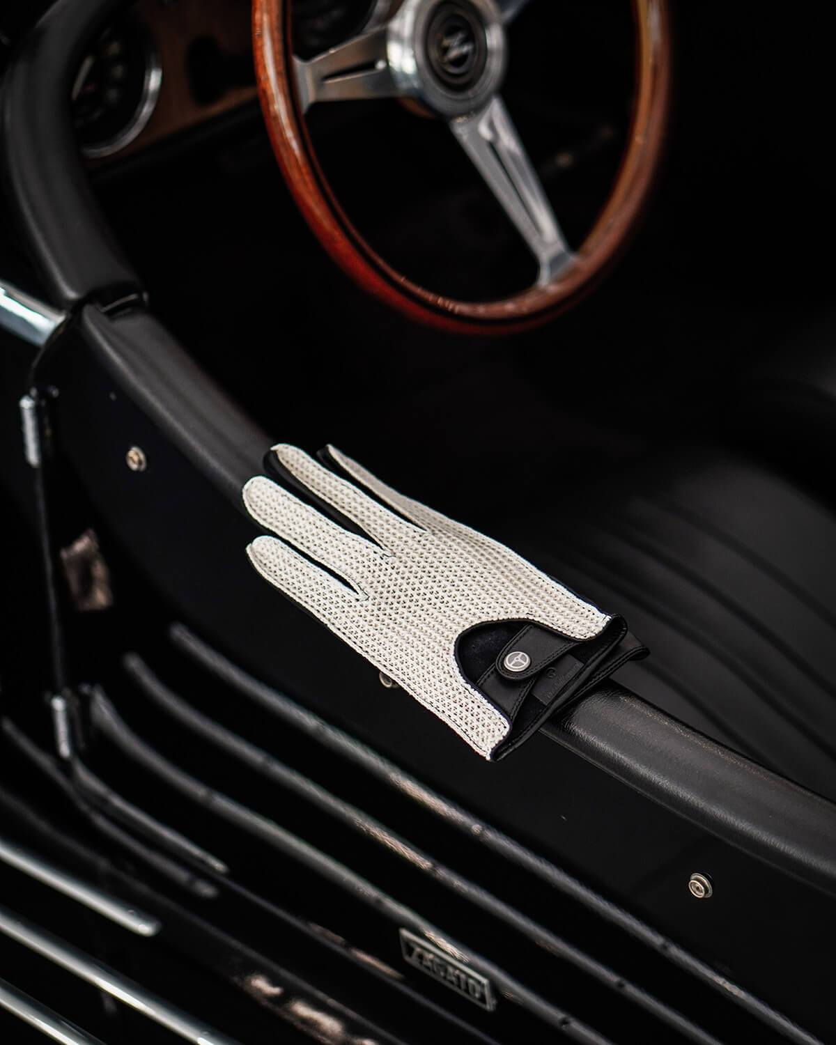 Vintage Black Leather Driving Gloves With Open Back and Pearl